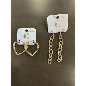 Charming Charlies Gold Tone Heart Hoop & Chain Drop Earrings Set Hypoallergenic